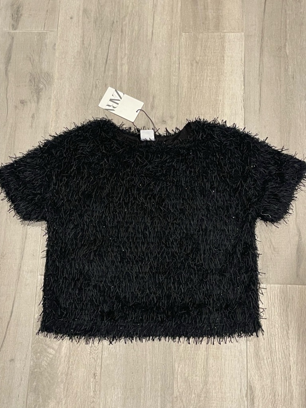 ZARA Kids Girls Textured Fringe Top Black Short Sleeve Cropped Size 10 NWT